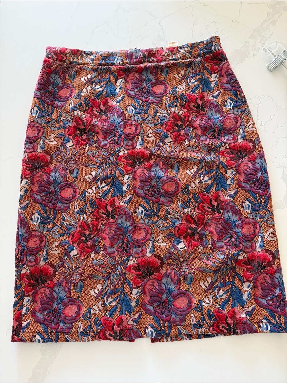 Maeve Floral Jacquard Pencil Skirt in Brown, Red and Blue size Large